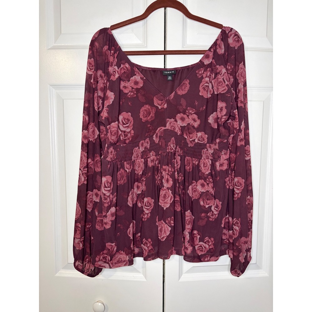 Torrid Burgundy Floral Mesh Smocked Lined Empire Waist Babydoll Top 00 Fits M/L